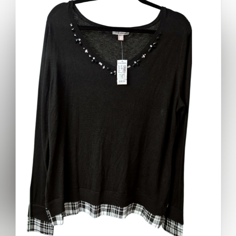 Roz & Ali Dressbarn Embellished Sweater Retro Black & Plaid Layered Look Sz 1X